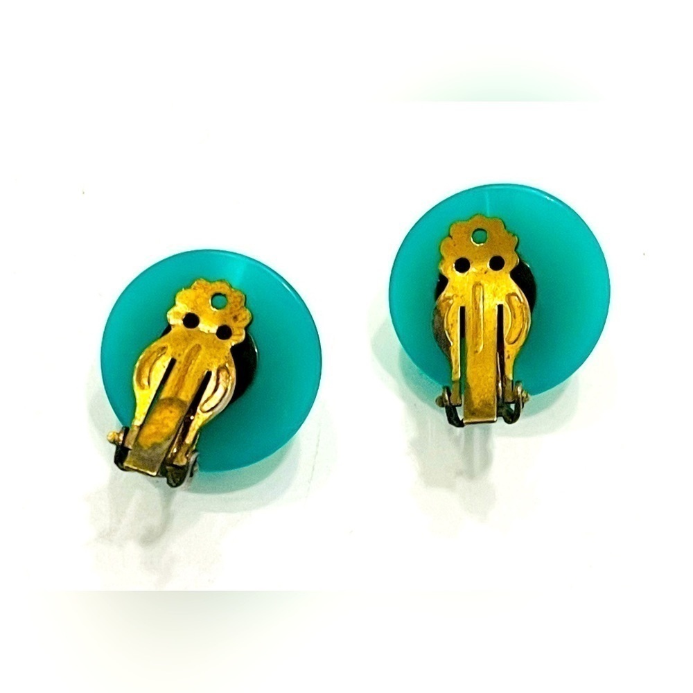 3/$18 Aqua Button Clip-On Earrings Mod Cabochon Costume Jewelry Teal Turquoise - Picture 2 of 3